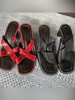 2 pair: Donald J. Pliner Red Croc-Embossed & Black Twisted Leather Slide Sandals